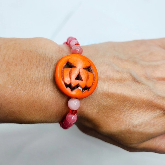 Strawberry Quartz, Czech glass, Pumpkin Halloween bracelet 6 mm - Picture 2 of 2